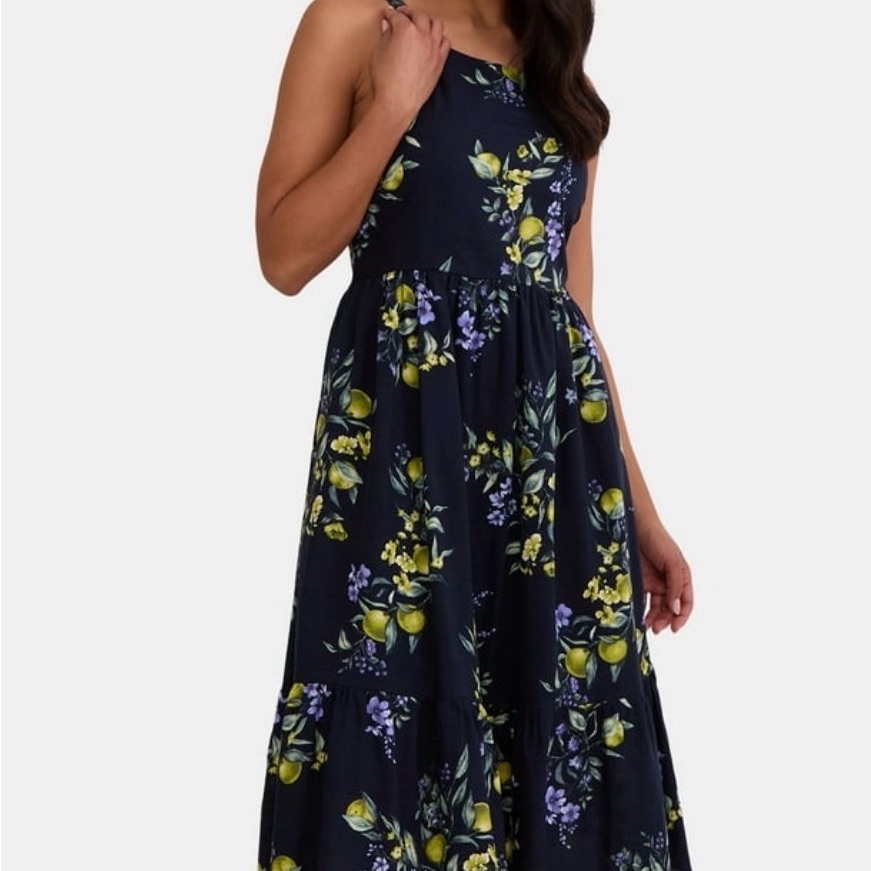 Women's Fruit Bouquet Dark Navy Time And Tru Tie Back Midi Dress Size Xs (0-2)